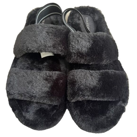 Maurices Fuzzy Slippers size 8M Black Slingback Strappy Faux Fur Shoes - Picture 1 of 7